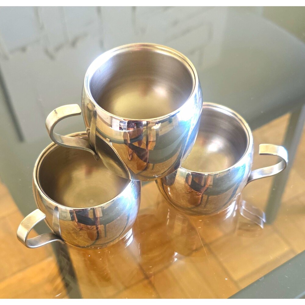 Vintage Tramontina Stainless Steel Espresso Cups Set of3 Double Wall Inox Brazil